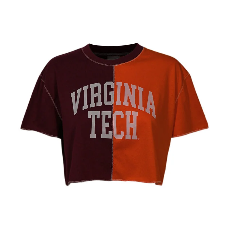 Virginia Tech Women's Colorblock T-Shirt: Maroon and Orange Knit Fabric Woven Fabric Fleece Fabric