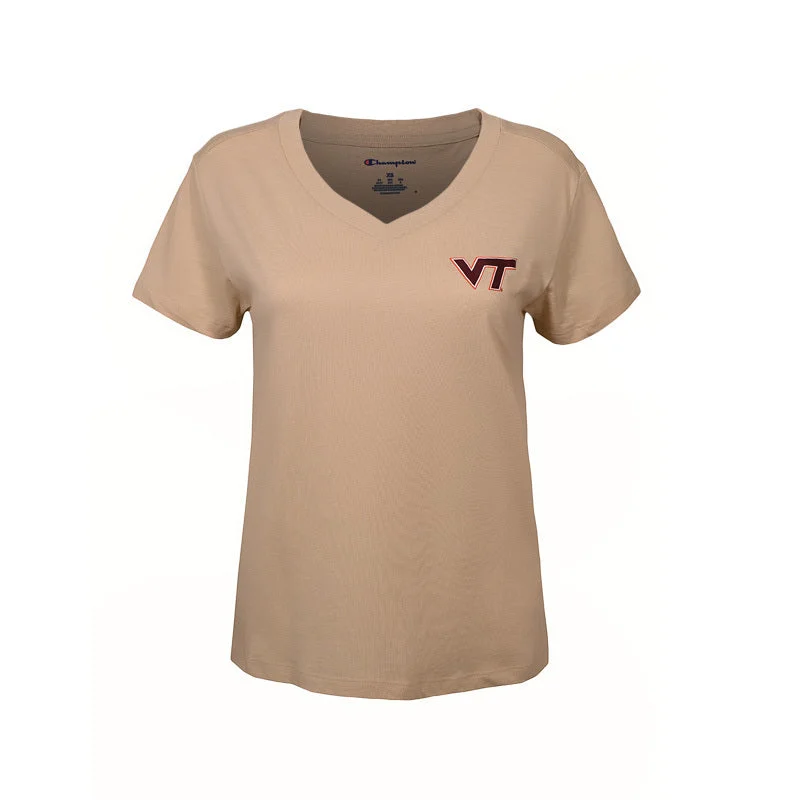 Virginia Tech Women's Core V-Neck T-Shirt: Cocoa Butter by Champion Mesh Canvas Denim