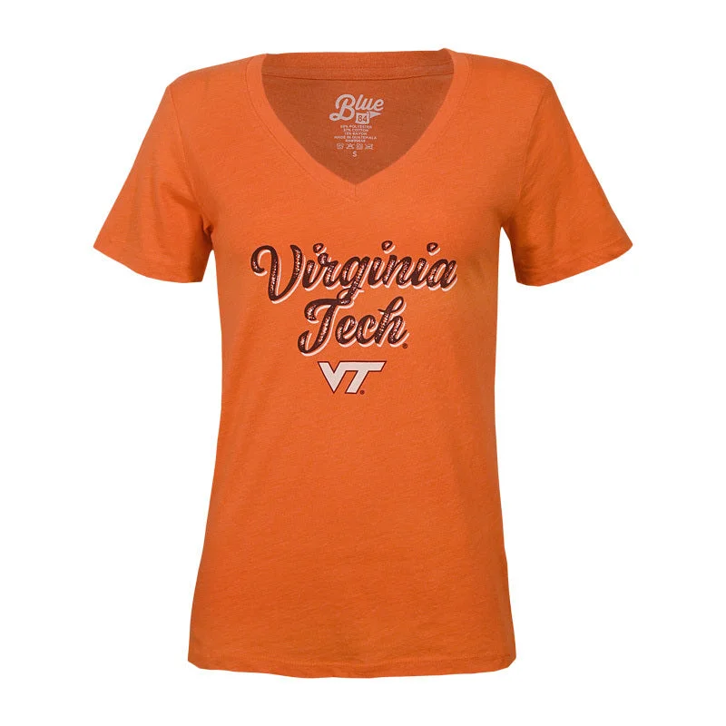 Virginia Tech Women's Script V-Neck T-Shirt: Orange Welt Pockets Slit Pockets Flap Pockets