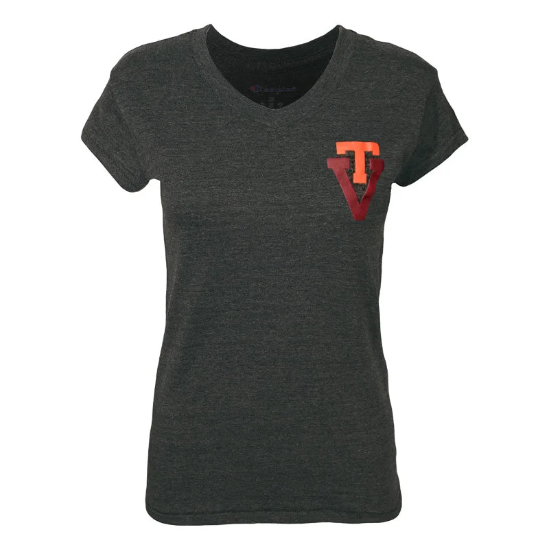 Virginia Tech Women's Triumph Vault Logo V-Neck T-Shirt: Charcoal by Champion V-Neck T-Shirt Long Sleeve Cotton