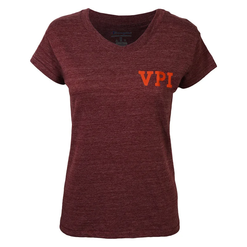 Virginia Tech Women's Triumph Vault VPI V-Neck T-Shirt: Maroon by Champion Front Pockets Side Pockets Patch Pockets