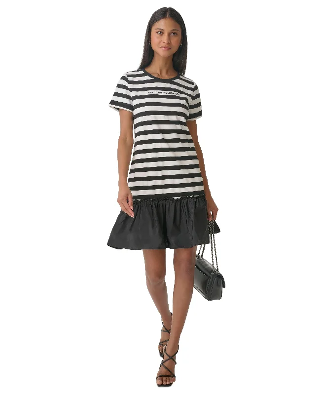 Women's Striped Ruffled T-Shirt Dress Mesh Canvas Denim