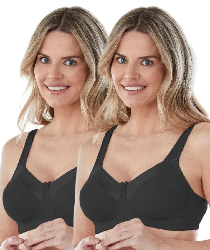 Bestform Satin Trim Wire-Free Cotton Bra With Unlined Cups 2 Pack - Black Sexy Lace Bralette