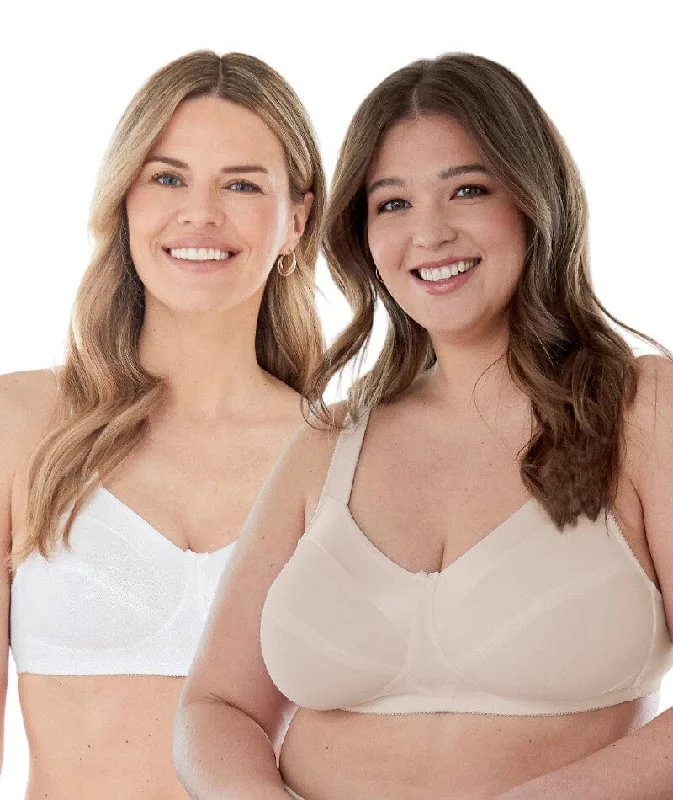 Bestform Satin Trim Wire-Free Cotton Bra With Unlined Cups 2 Pack - Nude/White Wireless Push-Up Bra