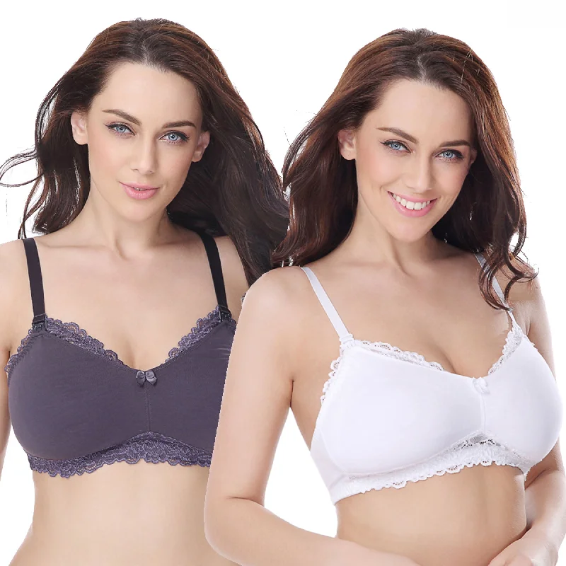 Plus Size Nursing Cotton Unlined Wirefree Bra With Lace Trim High-Cut Bra Design