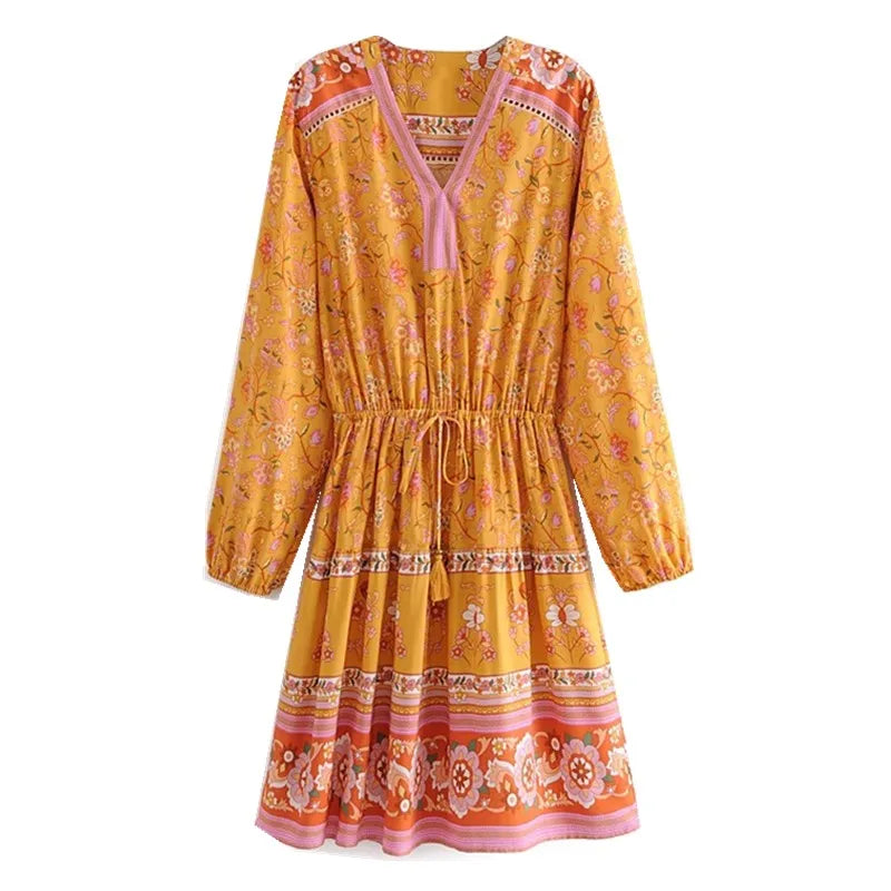 Golden Daffodil Boho Floral Print Mini Dress Comfortable Fit-and-Flare Mini Dress