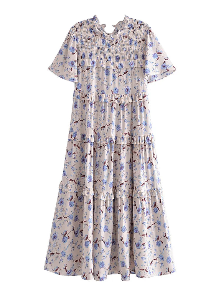 Prairie Blue Boho Floral Print Midi Dress Elegant Sleeveless Midi Dress