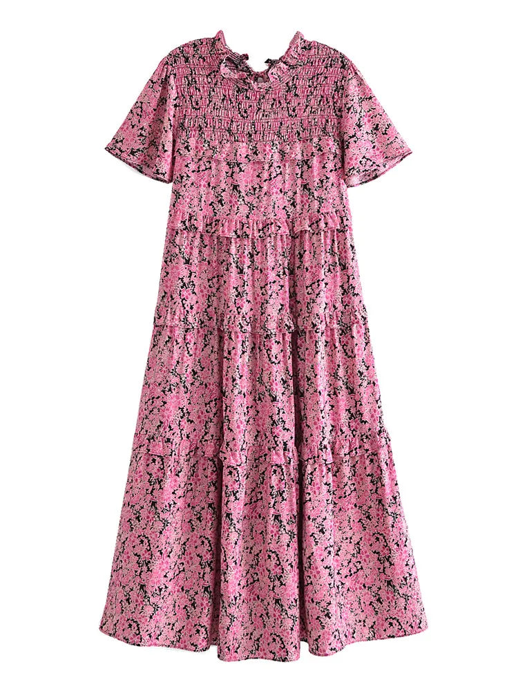 Rose Pink Boho Floral Print Midi Dress Trendy Boho Midi Dress