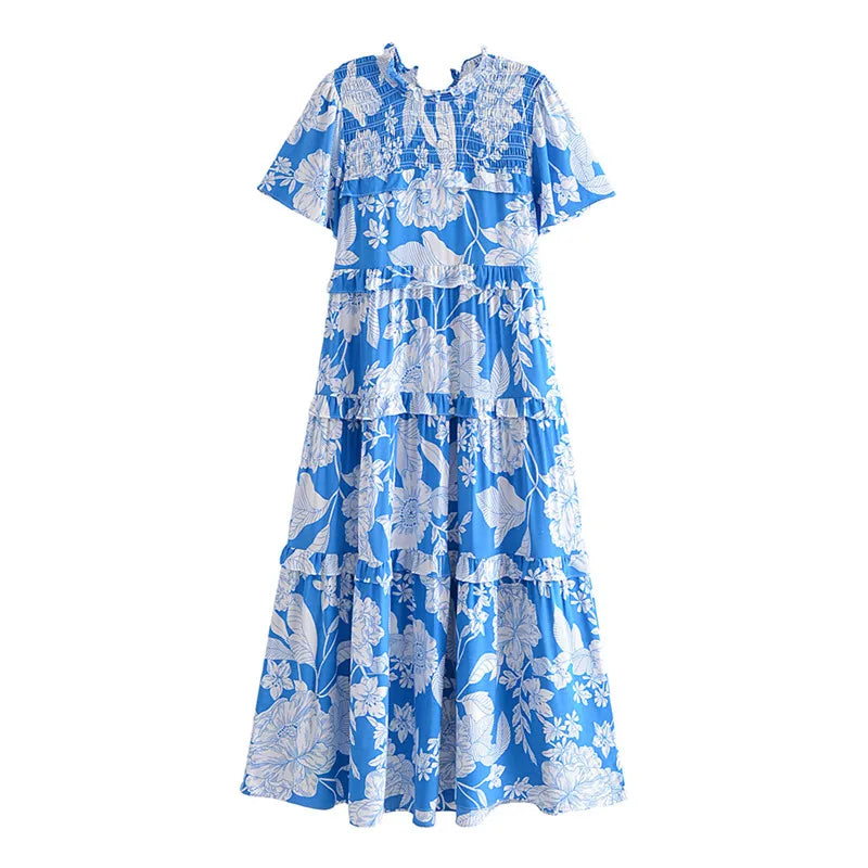 Blooming Blue Boho Floral Print Midi Dress Stylish Pleated Skirt Midi Dress