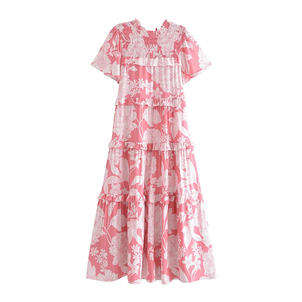 Blooming Pink Boho Floral Print Midi Dress Trendy Mock Neck Midi Dress