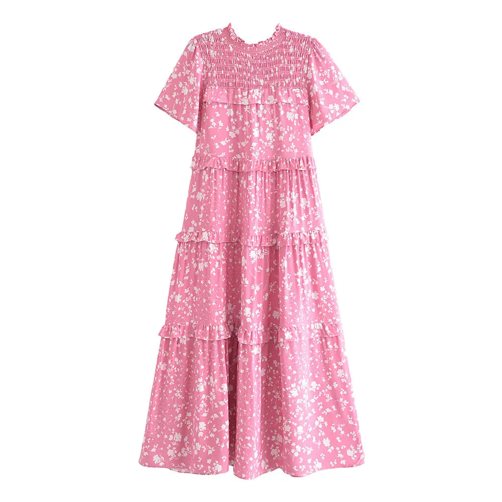 Posey Pink Boho Floral Print Midi Dress Trendy Tiered Hem Midi Dress