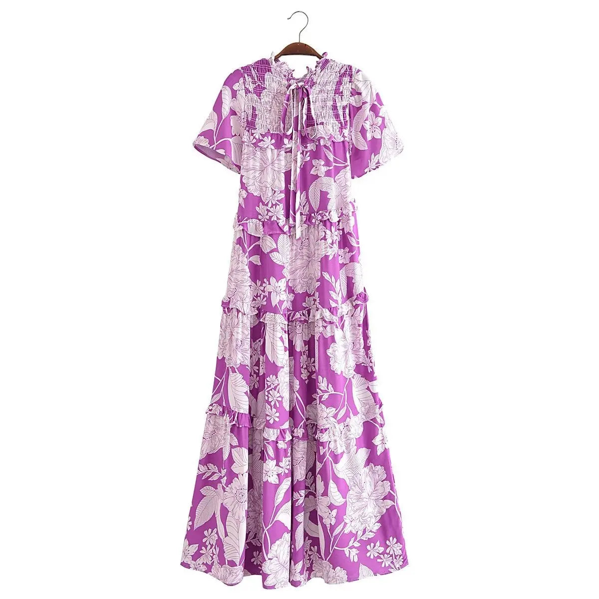 Blooming Purple Boho Floral Print Midi Dress Trendy Off-Shoulder Button Midi Dress