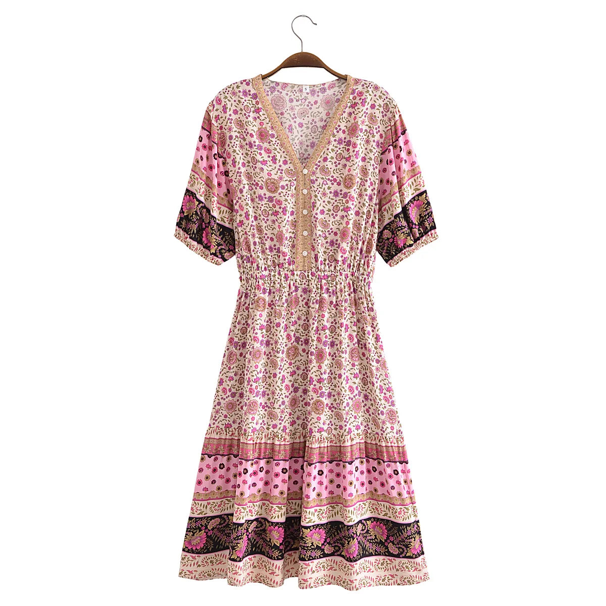 Pink Whimsy Boho Floral Print Midi Dress Stylish Satin Midi Dress