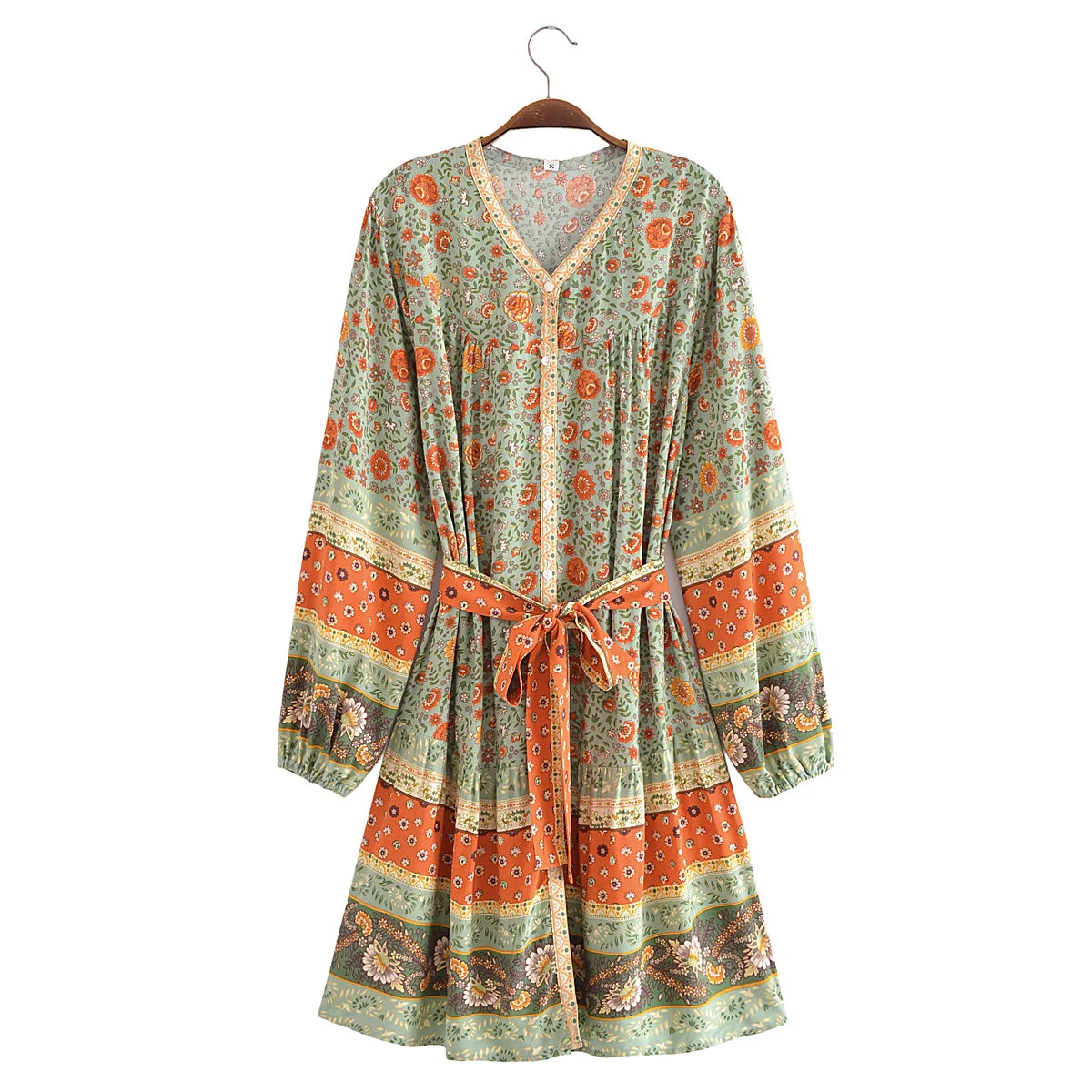 Green Whimsy Boho Floral Print Long Sleeve Mini Dress Fashionable Lace Mini Dress