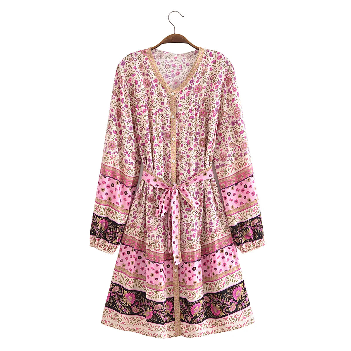 Pink Whimsy Boho Floral Print Long Sleeve Mini Dress Cozy Cotton Mini Dress