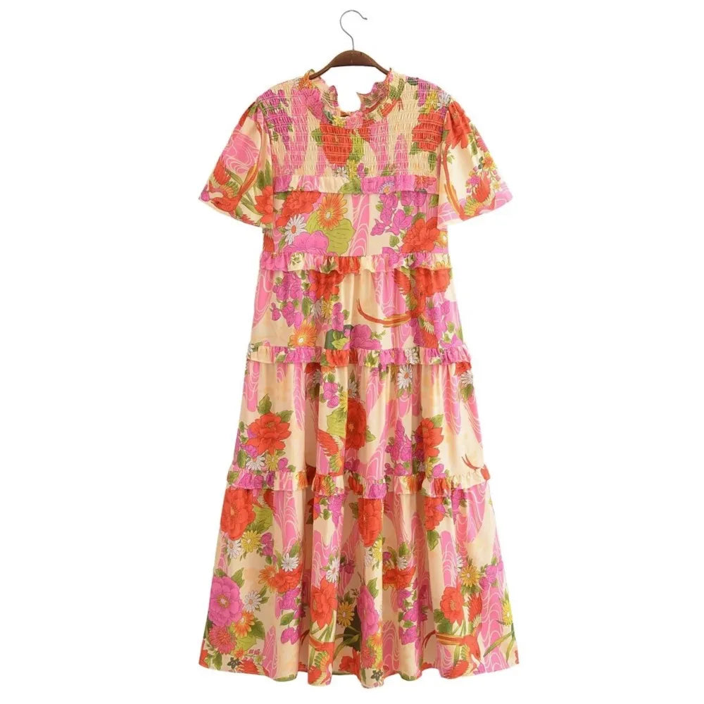 Paradise Sunset Boho Floral Print Midi Dress Comfortable Casual Midi Dress