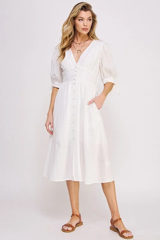 3/4 Puff Sleeve V-Neck Button Down Midi Dress Fashionable Off-Shoulder Dress Midi