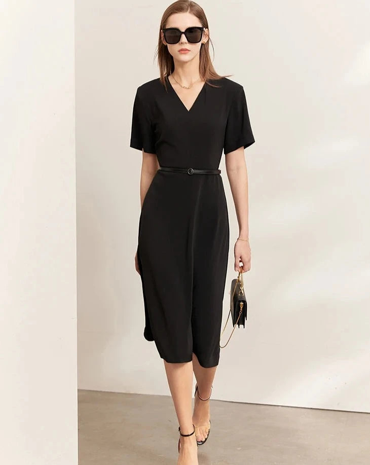 Minimalism Sleeves A-Line Midi Dress Stylish Pleated Skirt Midi Dress