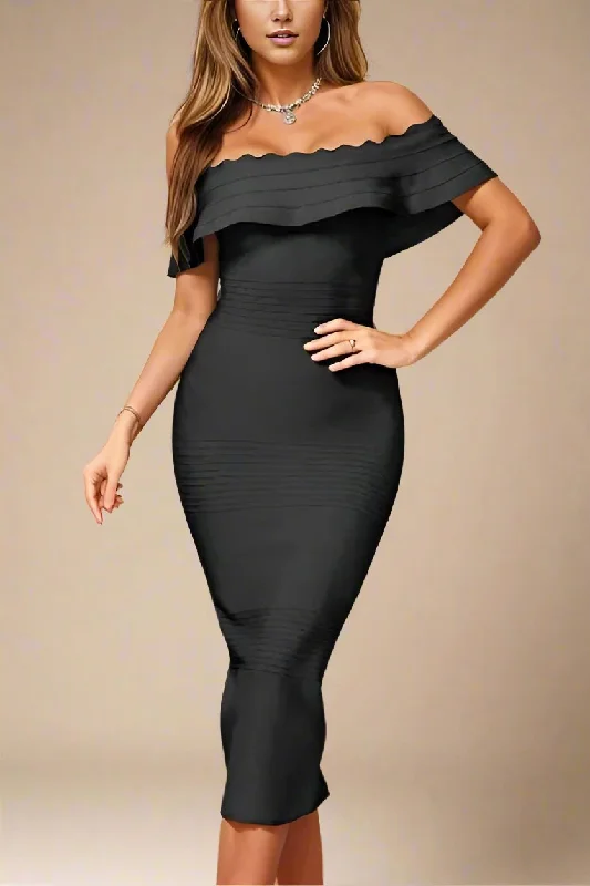 Billie Bandage Midi Dress - Classic Black Elegant Pleated Detail Midi Dress