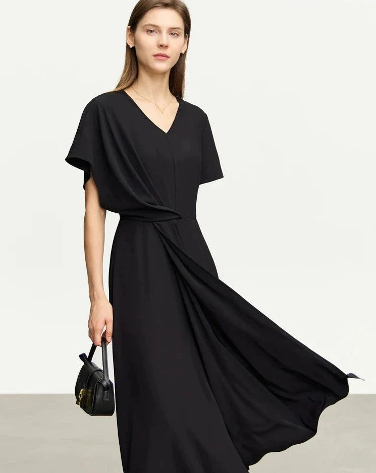 Black Asymmetrical Midi Dress Trendy Ruched Side Midi Dress