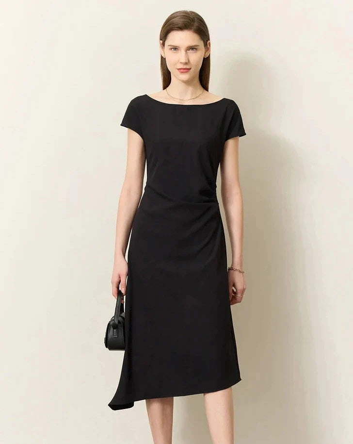 Black Chiffon Short Sleeves Midi Dress Stylish Button-Down Midi Dress