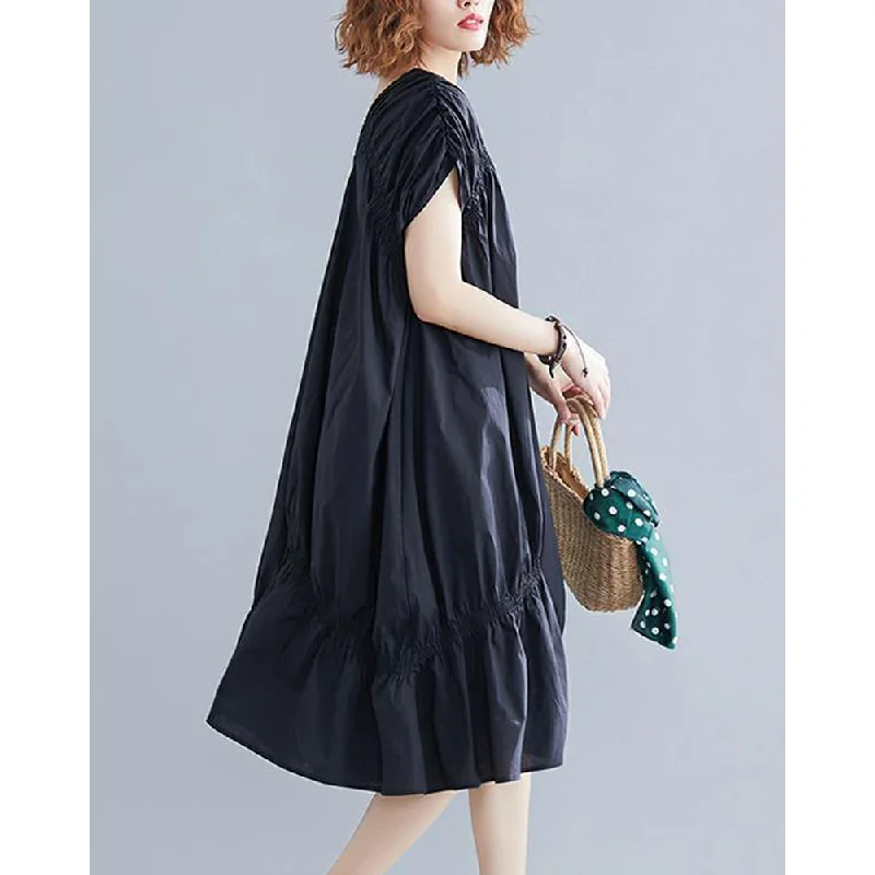 Black Loose Drawstring Ruffled Midi Dress Fashionable Pencil Midi Dress