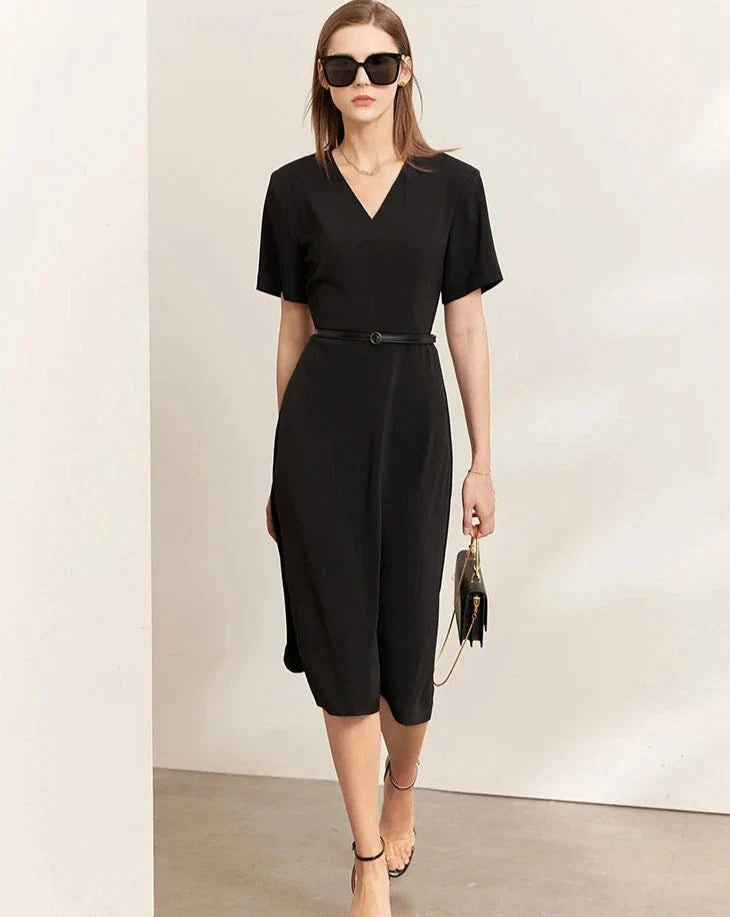 Black Minimalism Sleeves A-Line Midi Dress Elegant Satin Midi Dress