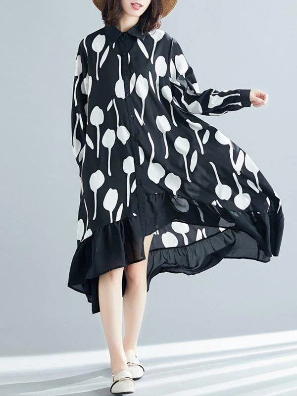 Black Printed Ruffle Shirt Midi Dress Comfortable Deep V Midi Dress