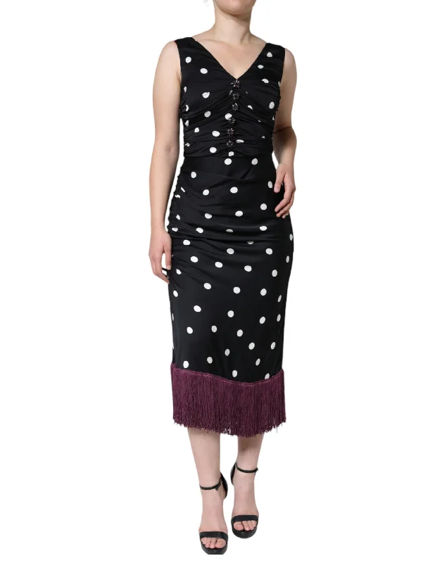 Black Silk Polka Dot Vneck Tassel Midi Dress Comfortable Casual Midi Dress