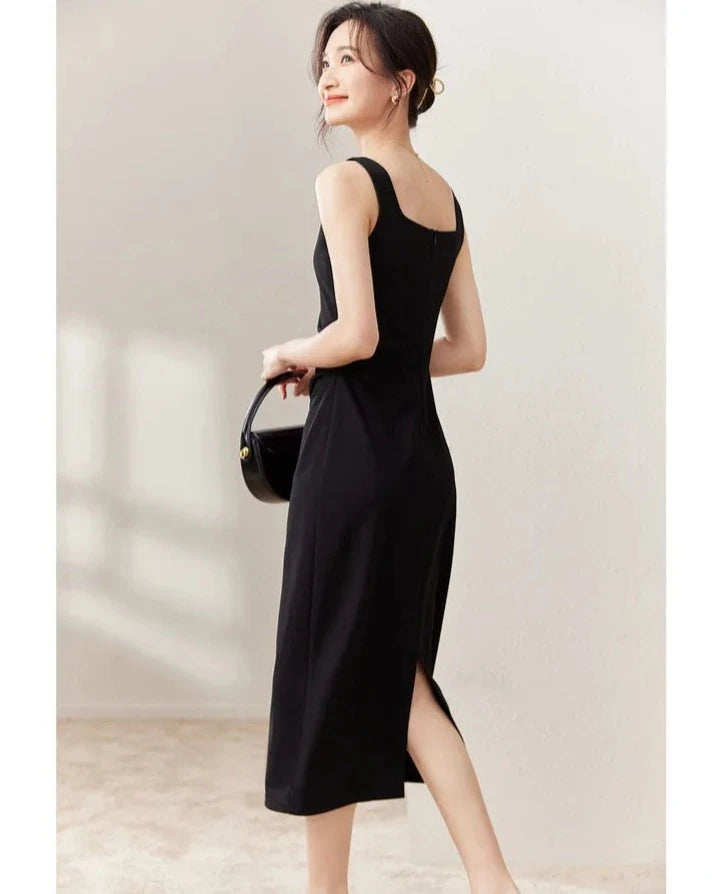 Black Sleeveless Elegant Midi Dress Stylish Pleated Skirt Midi Dress