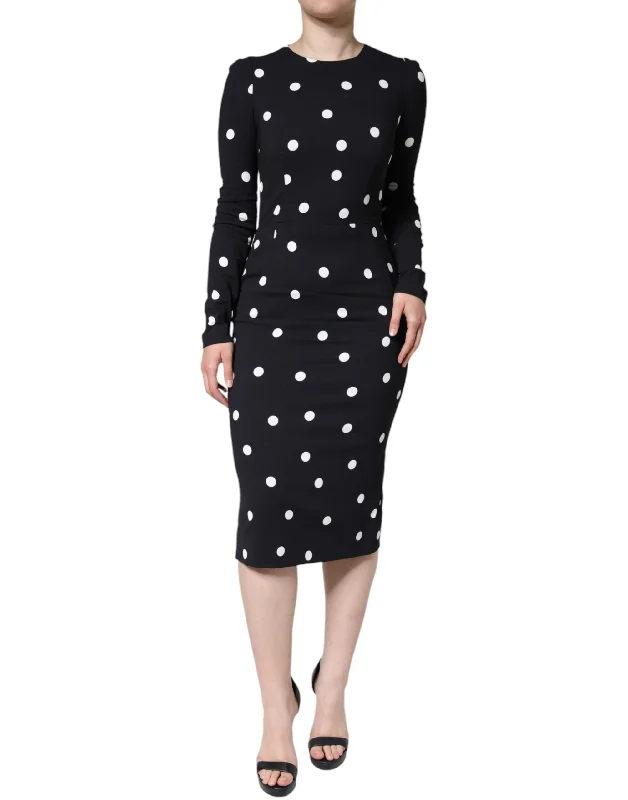 Black Viscose Polka Dots Sheath Midi Dress Classic Black Midi Dress