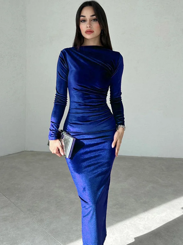 Blue Zone Planet |  Anna's Pleated Round Neck Long Sleeve Bodycon Midi Dress Fashionable Plaid Midi Dress