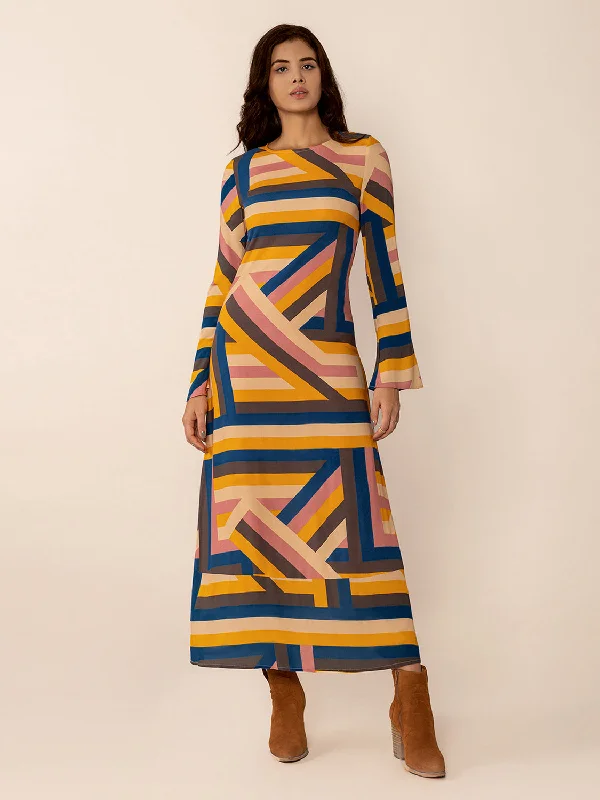 Blue Zone Planet |  Contrast Round Neck Flare Sleeve Midi Dress Stylish Tiered Midi Dress