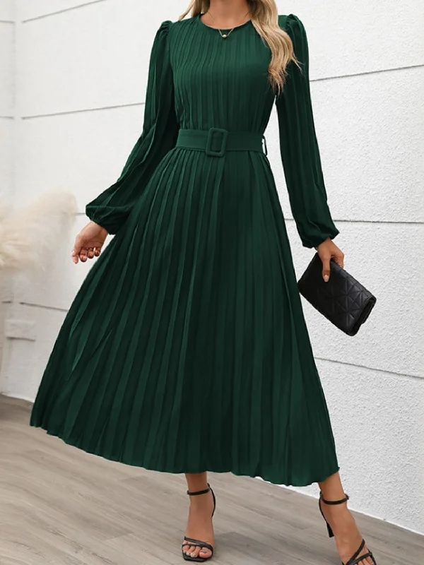 Blue Zone Planet |  Perfee Pleated Round Neck Long Sleeve Midi Dress Trendy Smocked Waist Midi Dress