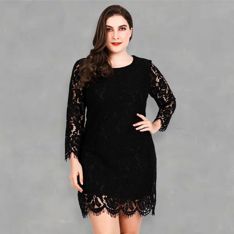 Blue Zone Planet |  Plus size black lace round neck long-sleeved mini dress Elegant Sequin Mini Dress