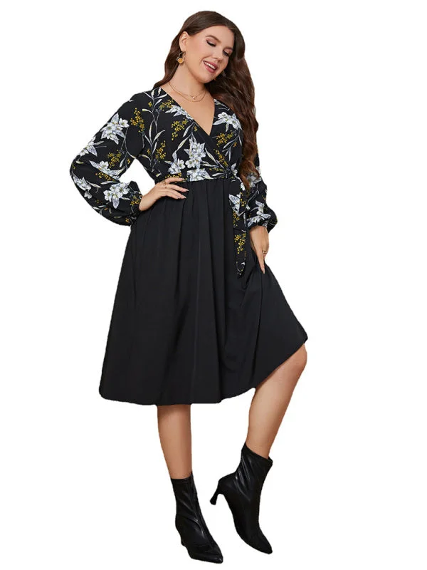 Blue Zone Planet |  Plus Size Long Sleeve V-Neck Floral A-Line Mini Dress Fashionable Summer Mini Dress