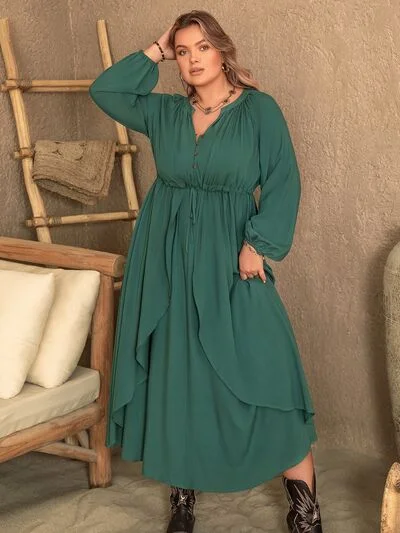 Blue Zone Planet |  Plus Size Notched Layered Balloon Sleeve Midi Dress Comfortable Empire Waist Midi Dress