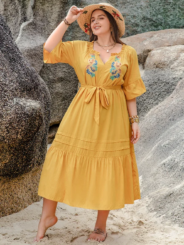 Blue Zone Planet |  Plus Size Notched Tie Waist Half Sleeve Midi Dress Trendy Ruffled Sleeve Midi Dress