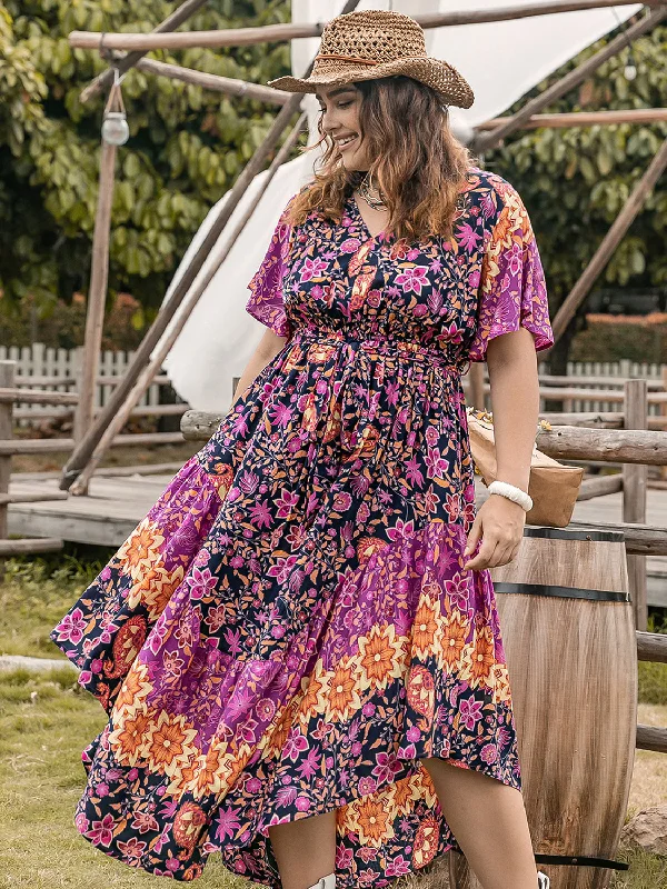 Blue Zone Planet |  Plus Size Printed V-Neck Flutter Sleeve Midi Dress Comfortable Geometric Print Midi Dress