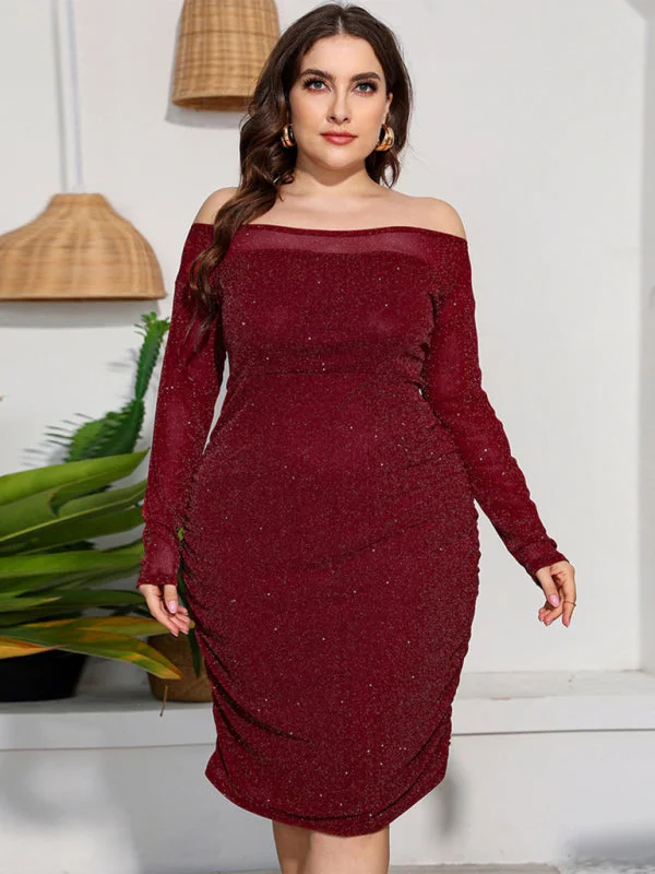 Blue Zone Planet |  Plus Size Round Neck High Waist Long Sleeve Party Midi Dress Stylish Color Block Midi Dress