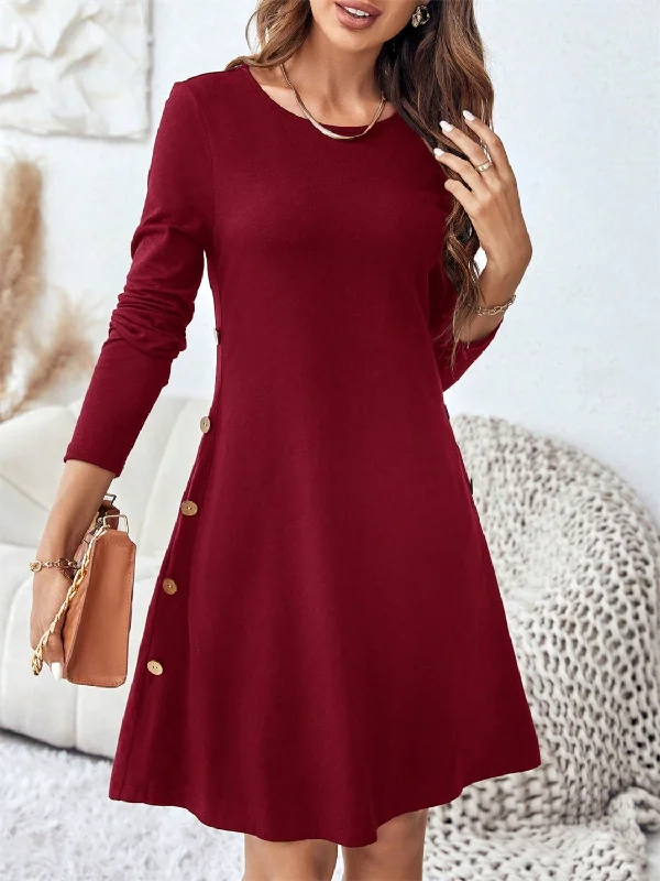 Blue Zone Planet |  Round Neck Long Sleeve Mini Dress with Pockets Comfortable Off-Shoulder Mini Dress