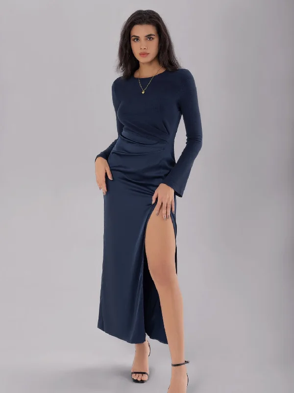 Blue Zone Planet |  Split Round Neck Long Sleeve Midi Dress Chic Bohemian Midi Dress