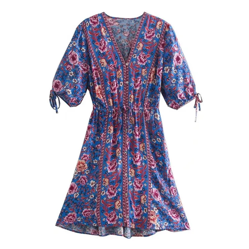 Sapphire Garden Boho Floral Print Mini Dress Comfortable Polka Dot Mini Dress