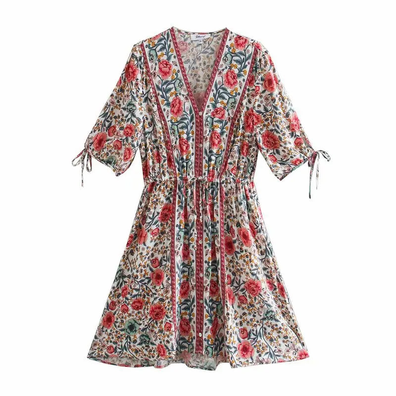 Pearl Garden Boho Floral Print Mini Dress Chic Puff Sleeve Mini Dress