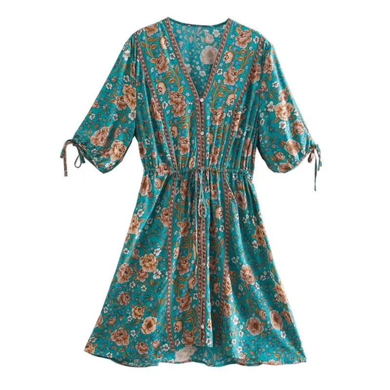 Jade Garden Boho Floral Print Mini Dress Elegant Tulle Mini Dress