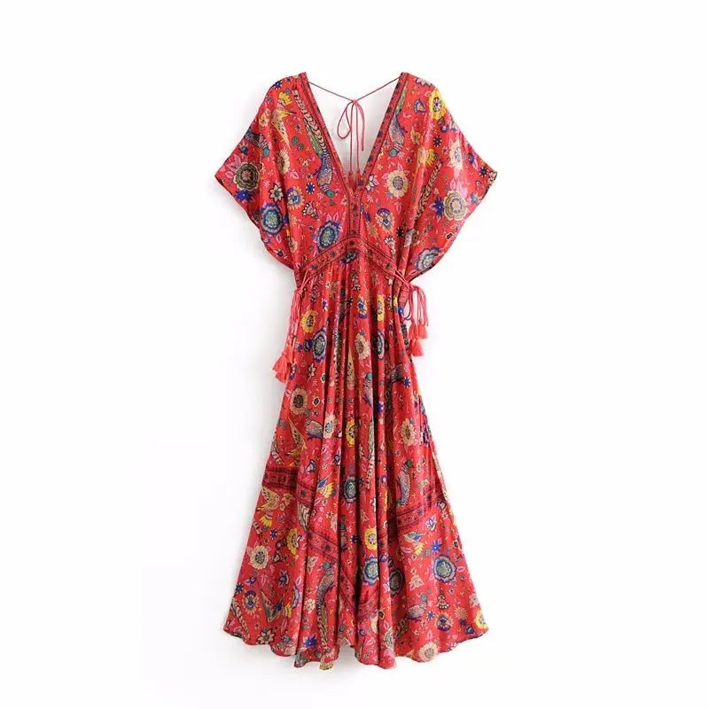 Red Songbird Boho Floral Print Midi Dress Cozy Spaghetti Strap Midi Dress