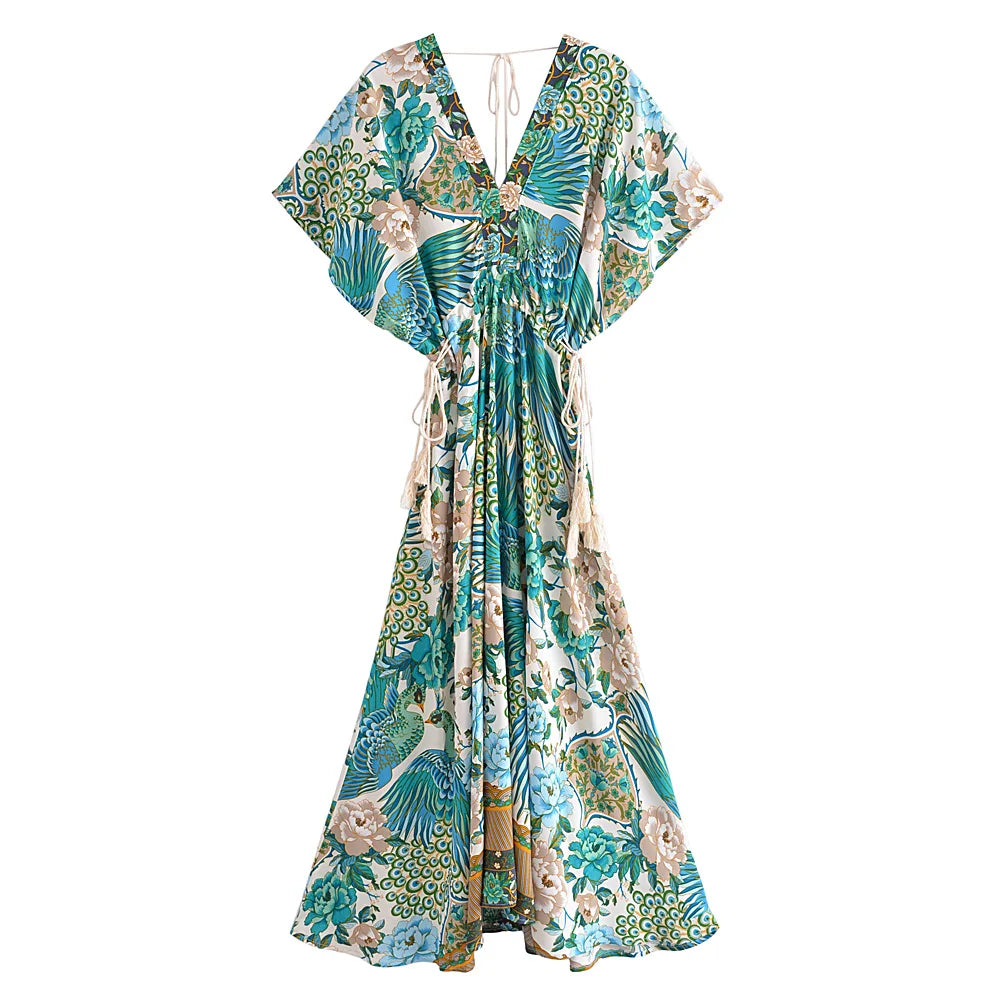 Teal Songbird Boho Floral Print Midi Dress Elegant Floral Appliqué Midi Dress