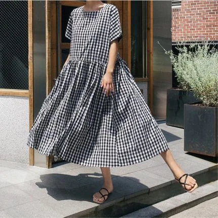 Casual Short Sleeves Ruffled Plaid Plus Sizes Midi Dresses Stylish Tiered Midi Dress