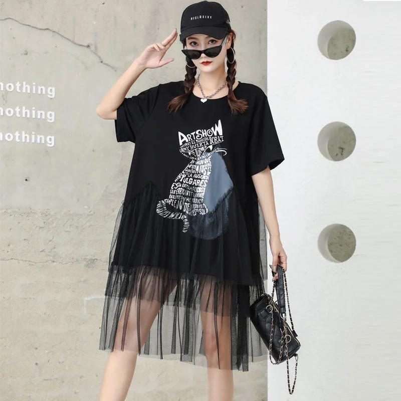 Cat Designed Tulle Loose Summer Black Midi Dresses Cozy Knit Midi Dress