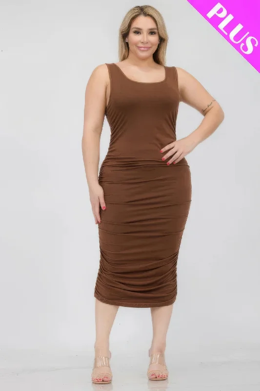 Plus Size Square Neck Ruched Bodycon Midi Dress Comfortable Lace-Up Midi Dress